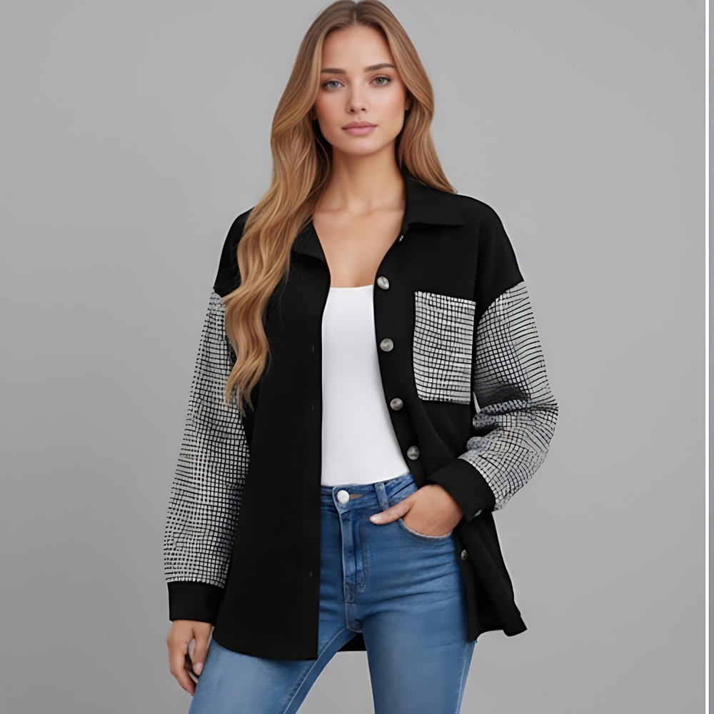 Black Houndstooth Print Drop Shoulder Shacket